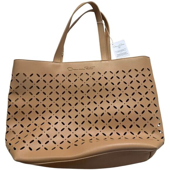 Oscar de la Renta Tan Laser-Cut Tote Bag – Large Structured Shoulder Bag NWT - Picture 1 of 6